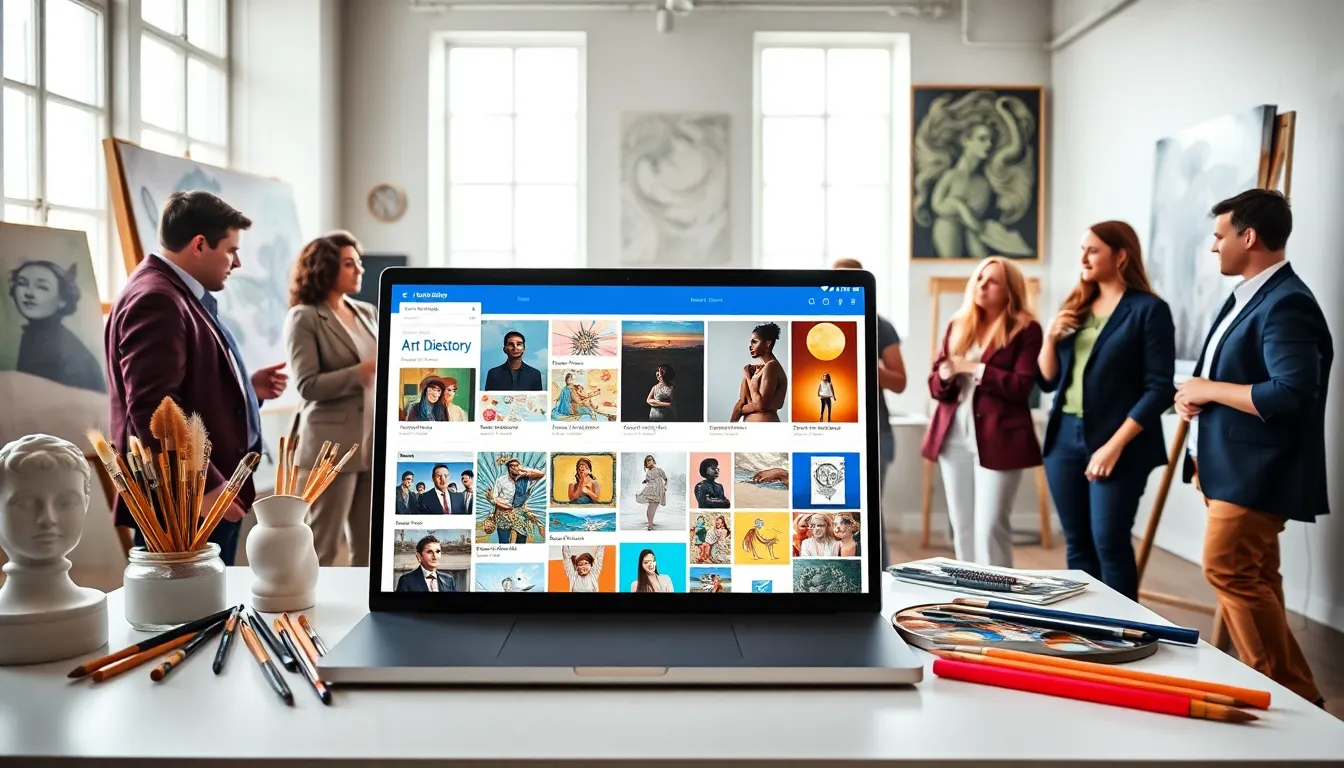 artists collaborating in a modern workspace showcasing diverse art portfolios.