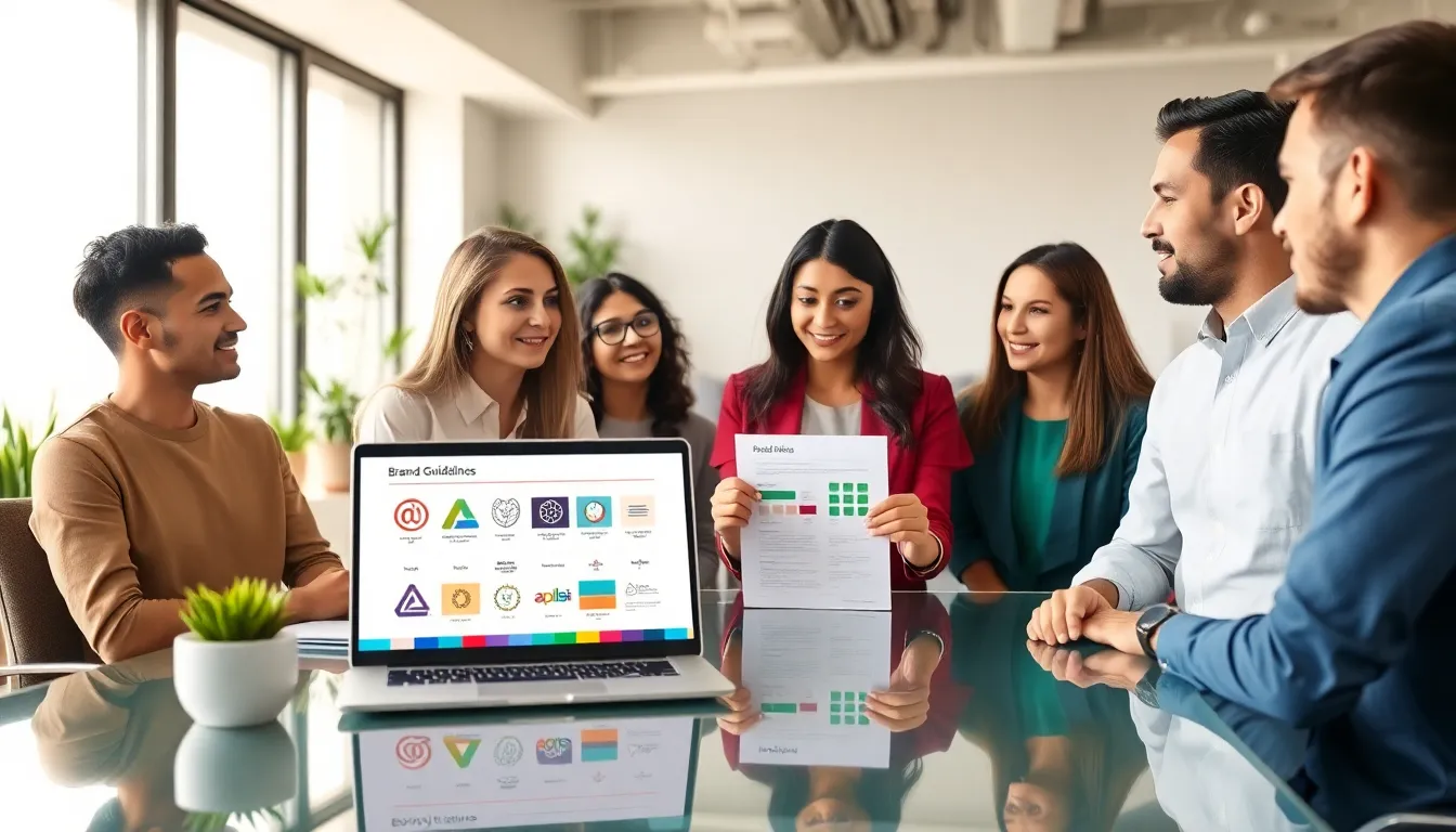 diverse team discussing one-page brand guidelines in a modern office.