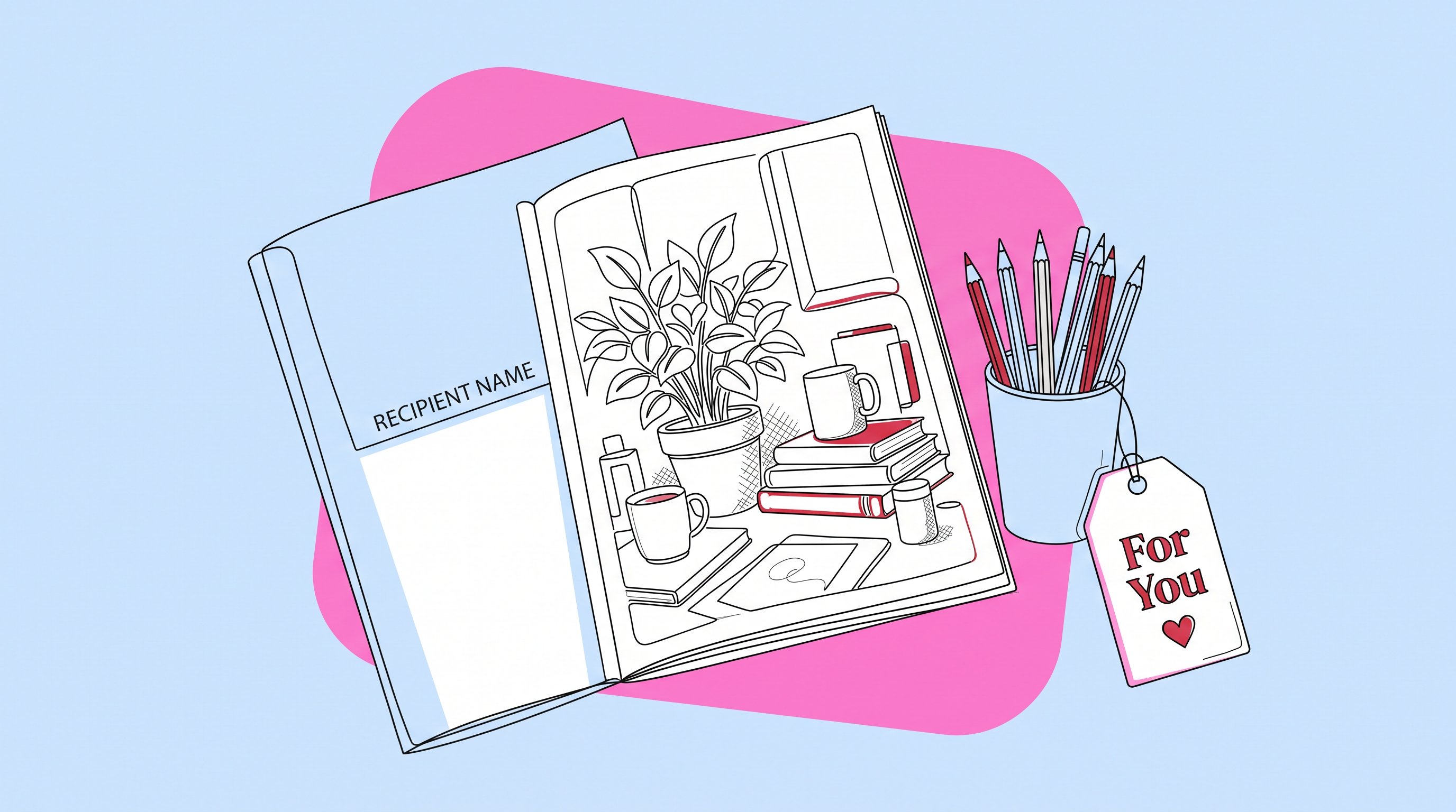 Personalized coloring booklet and pencils for a calming workplace gift.