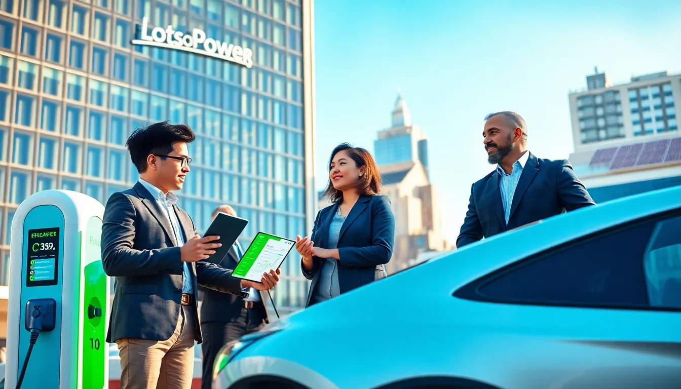 People discussing innovative energy solutions outside LotsOfPower headquarters.