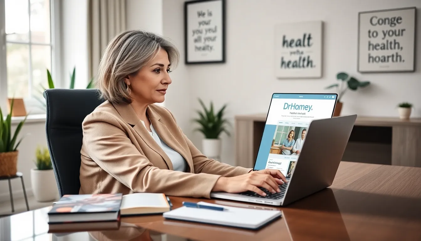woman using DrHomey.com in a modern home office.