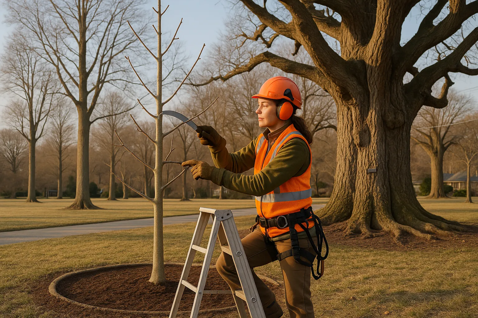 Arborist pruning a young tulip tree with an ancient ginkgo in the background.