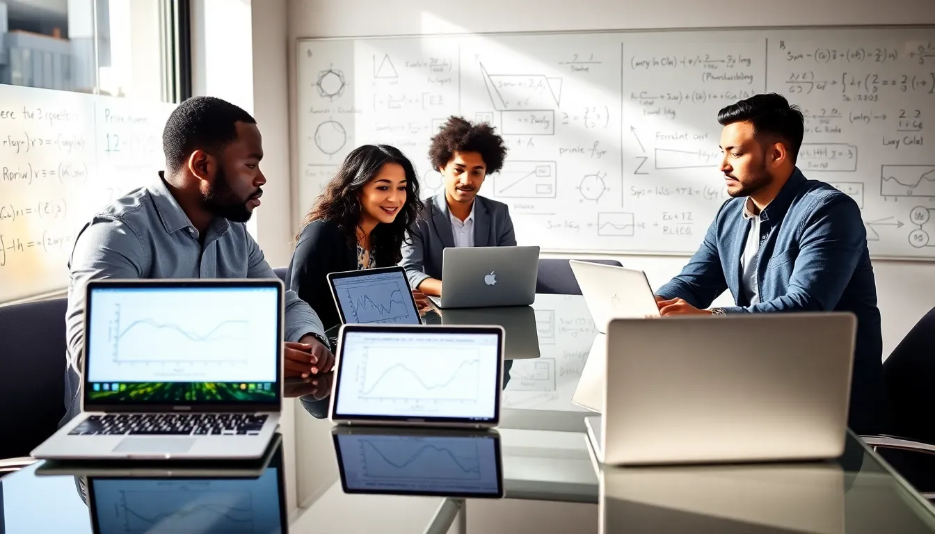 diverse team collaborating on prime number research in a modern office.