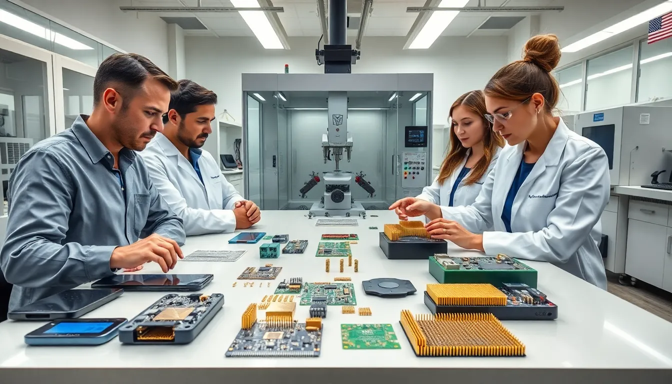 Professionals examining devices with pogo pin connectors in a modern lab.