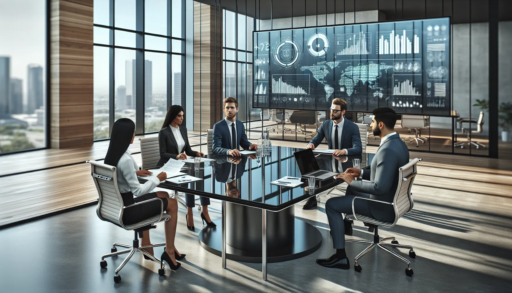 diverse team collaborating in a sleek office discussing customer service.
