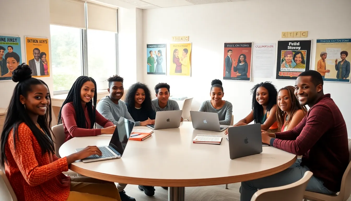 diverse students collaborating in a modern classroom.