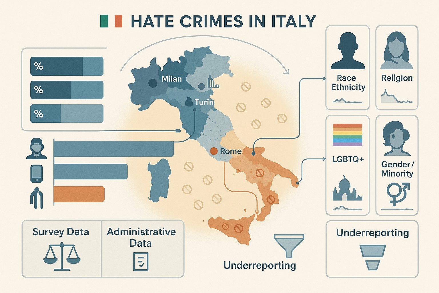 Mappa infografica dell'Italia che mostra i modelli regionali, di età e delle caratteristiche protette della discriminazione.