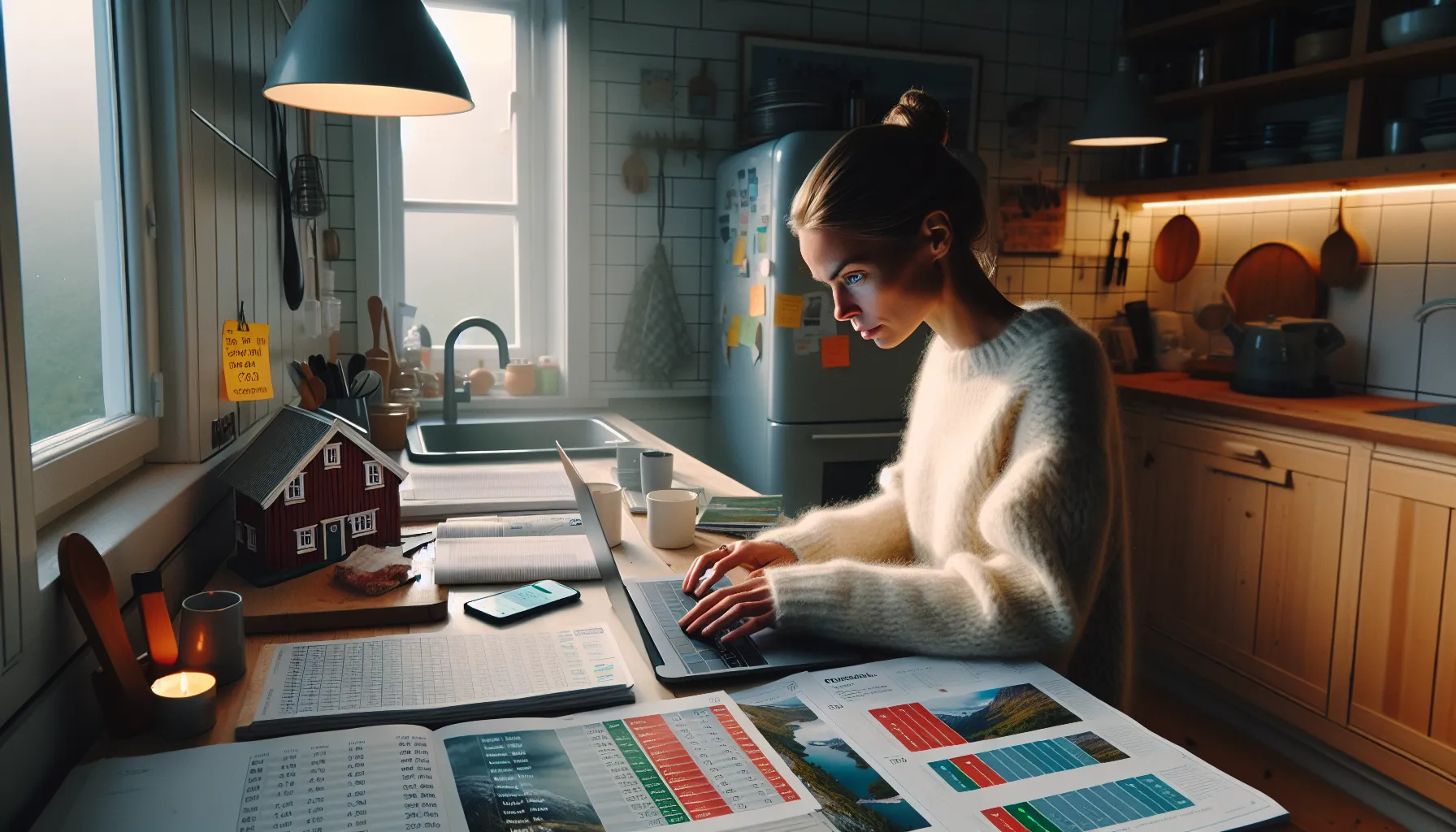 Norwegian woman budgeting an off-season trip with laptop, calendar, and maps.