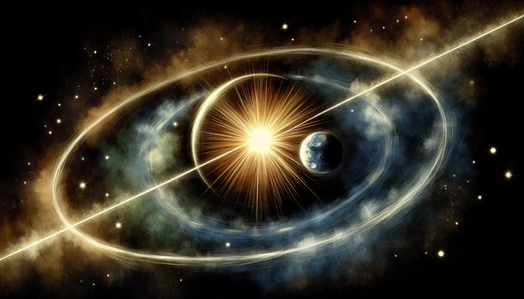 Depiction of Earth's orbit around the Sun and the Moon orbiting Earth.