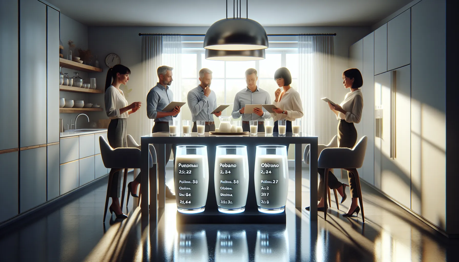 People comparing different types of milk and their nutritional values around a modern table.