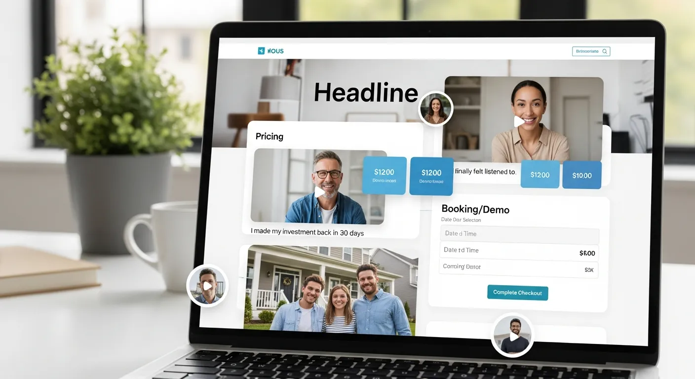Laptop screen showing a website with multiple strategic video testimonial widgets.