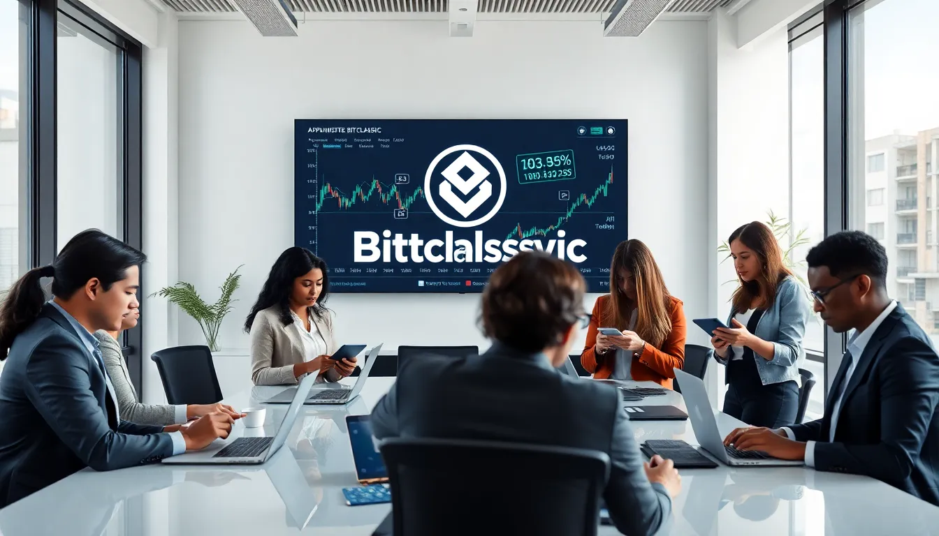 diverse professionals discussing cryptocurrency in a modern office.