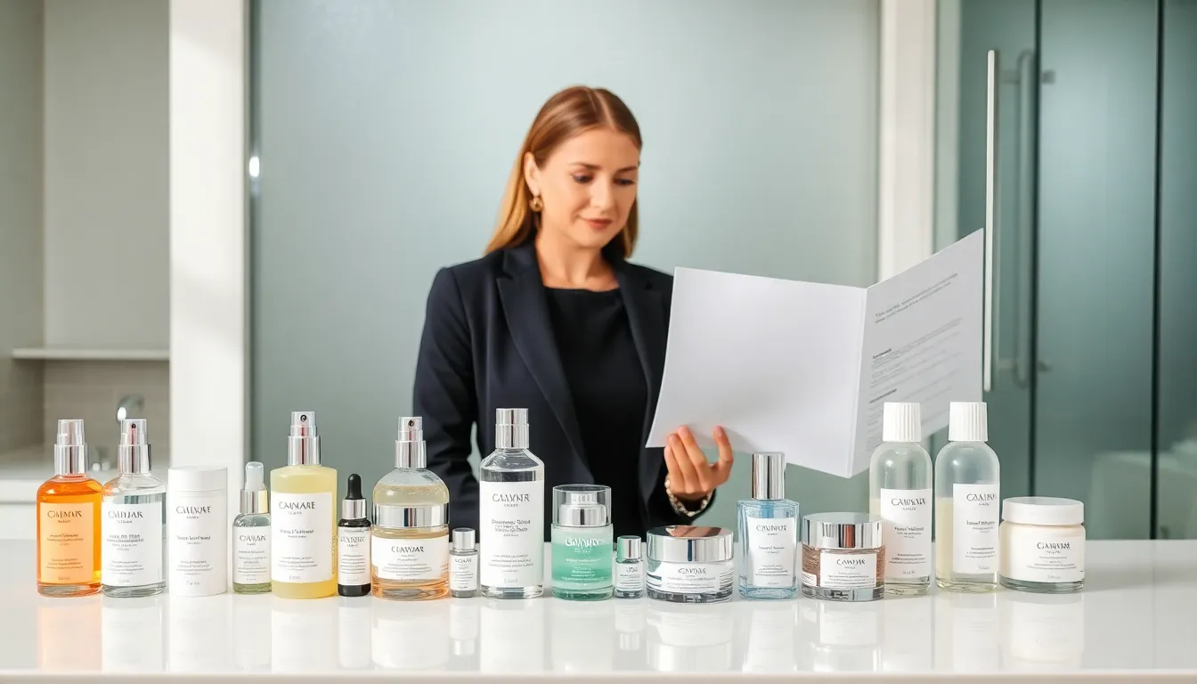woman examining skincare products in a modern bathroom.