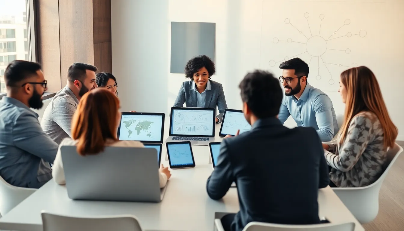 diverse team discussing a complex concept in a modern office setting.