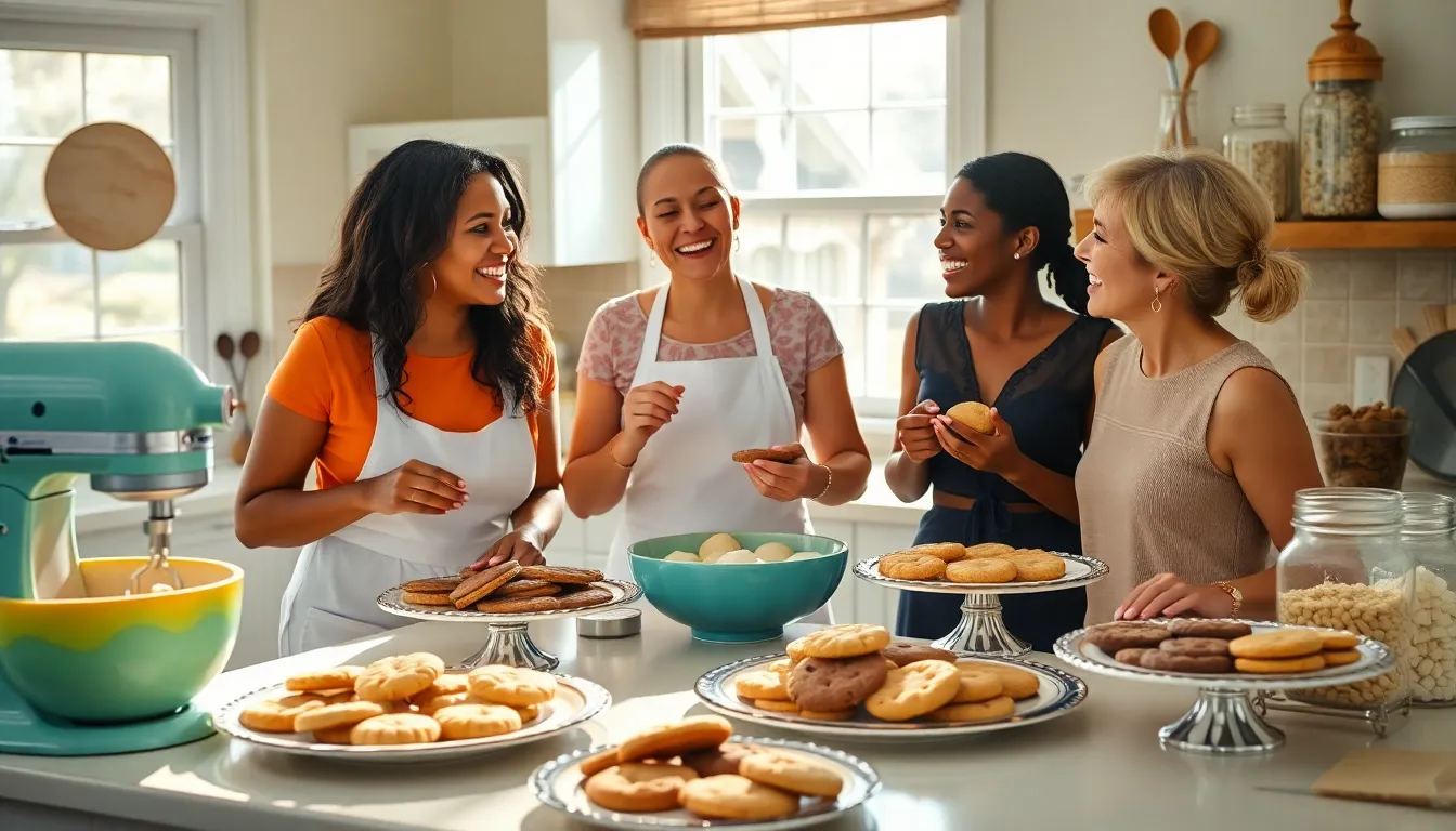 A baker and friends joyfully enjoying freshly baked cookies in a cozy kitchen.