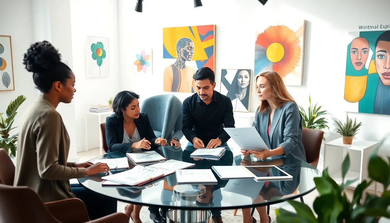 diverse team collaborating in a modern creative workspace.