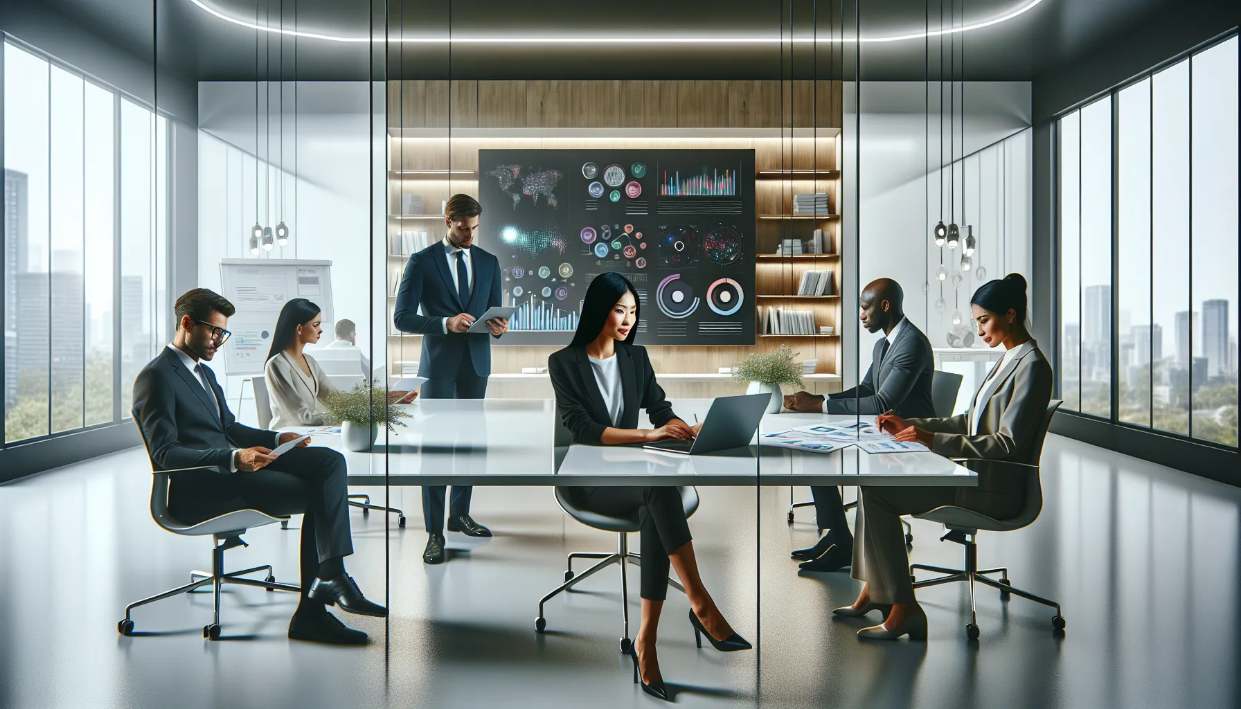 diverse professionals collaborating in a modern office setting.