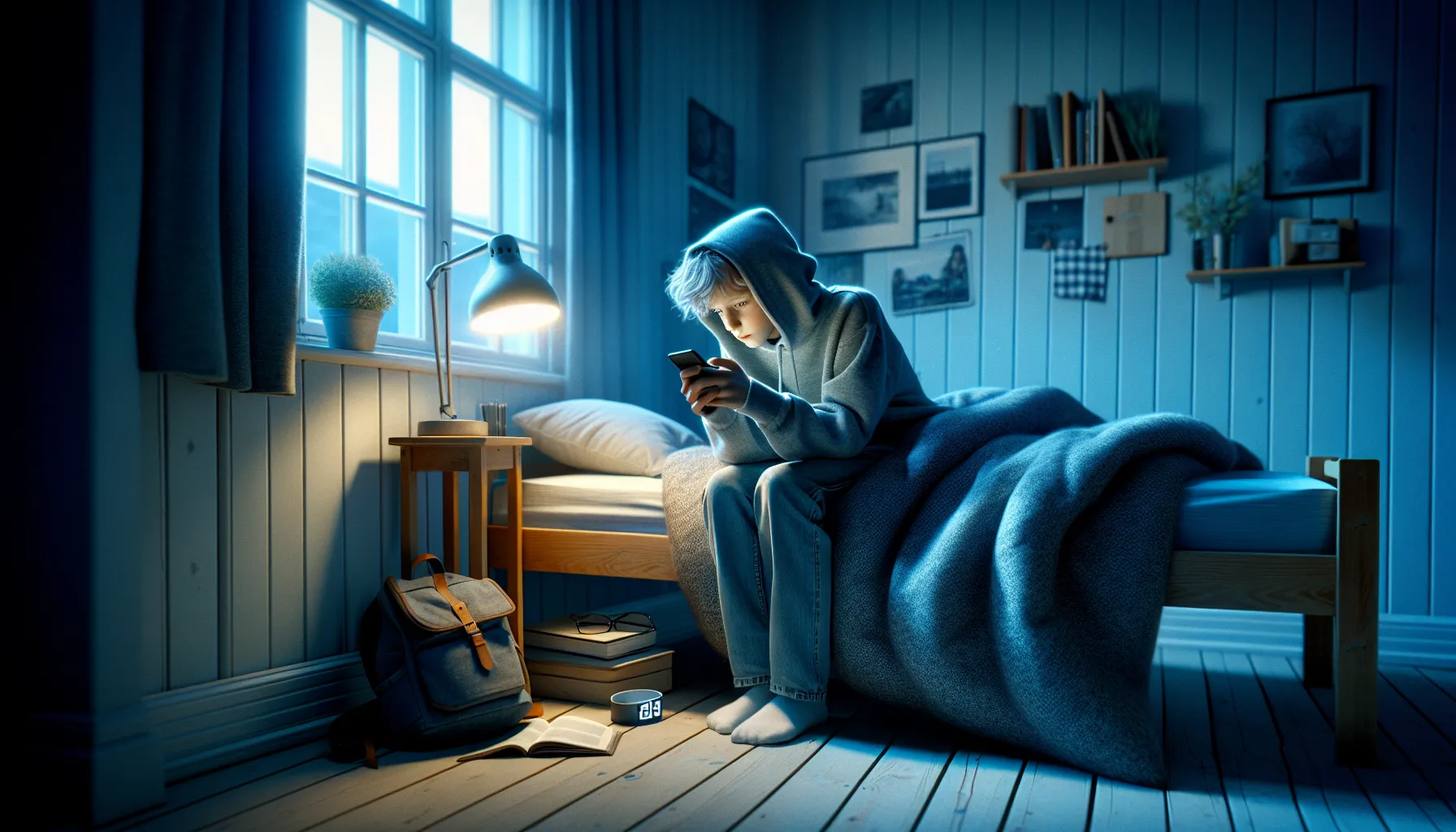 Concerned parent gently supports a withdrawn child hiding a phone at night.