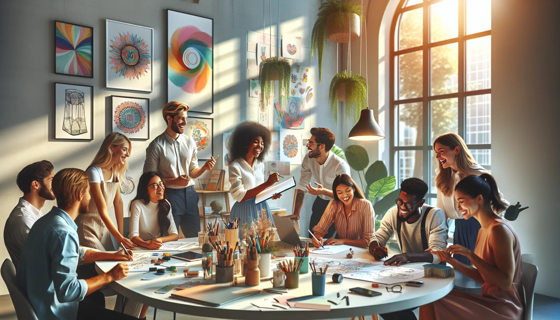 diverse team collaborating creatively in a colorful workspace.