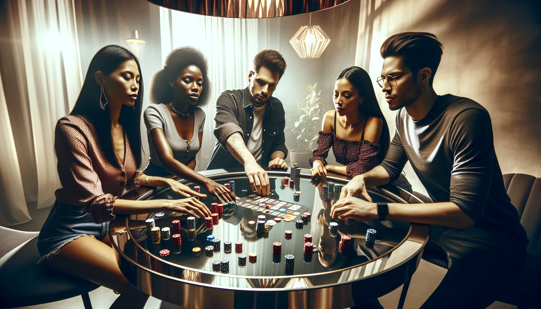 diverse players engaged in a game around a modern glass table.