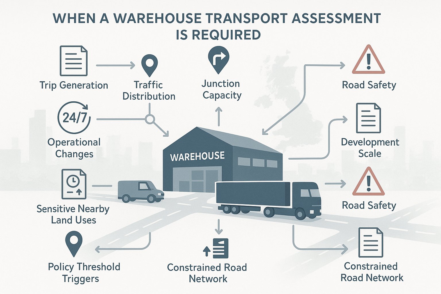 Infographic of factors that determine when a warehouse transport assessment is needed.