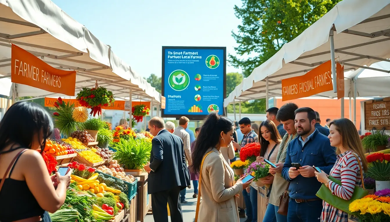 diverse customers at a smart farmers market using mobile payments.