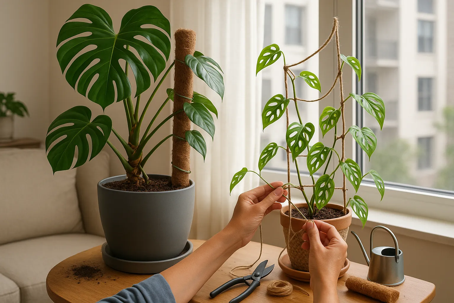 Monstera deliciosa on a moss pole and adansonii trailing from a macramé hanger.