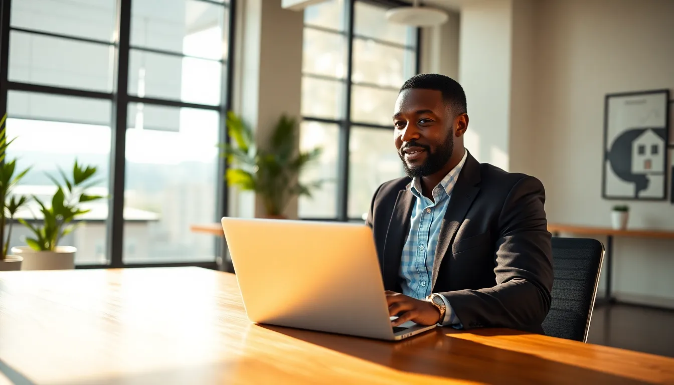 a real estate agent discussing market trends with clients in a modern office.