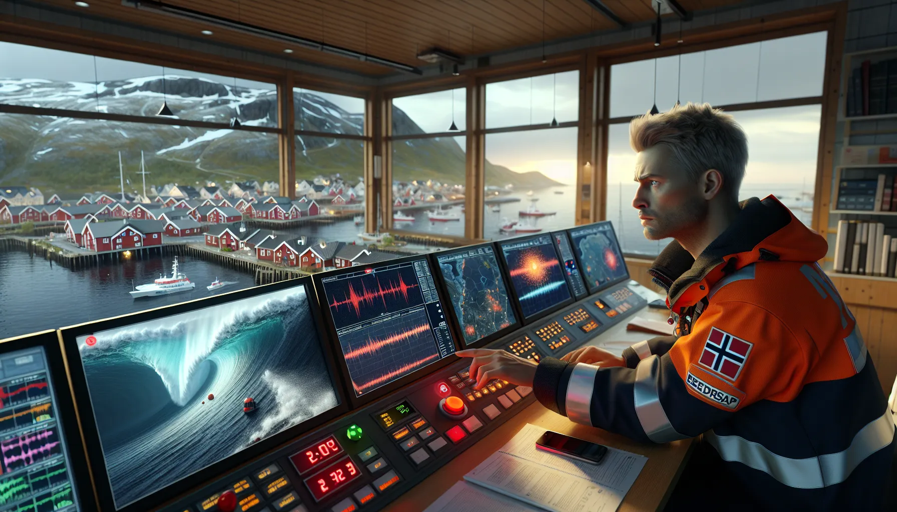 Norwegian tsunami warning center using satellite data as a wave approaches the coast.