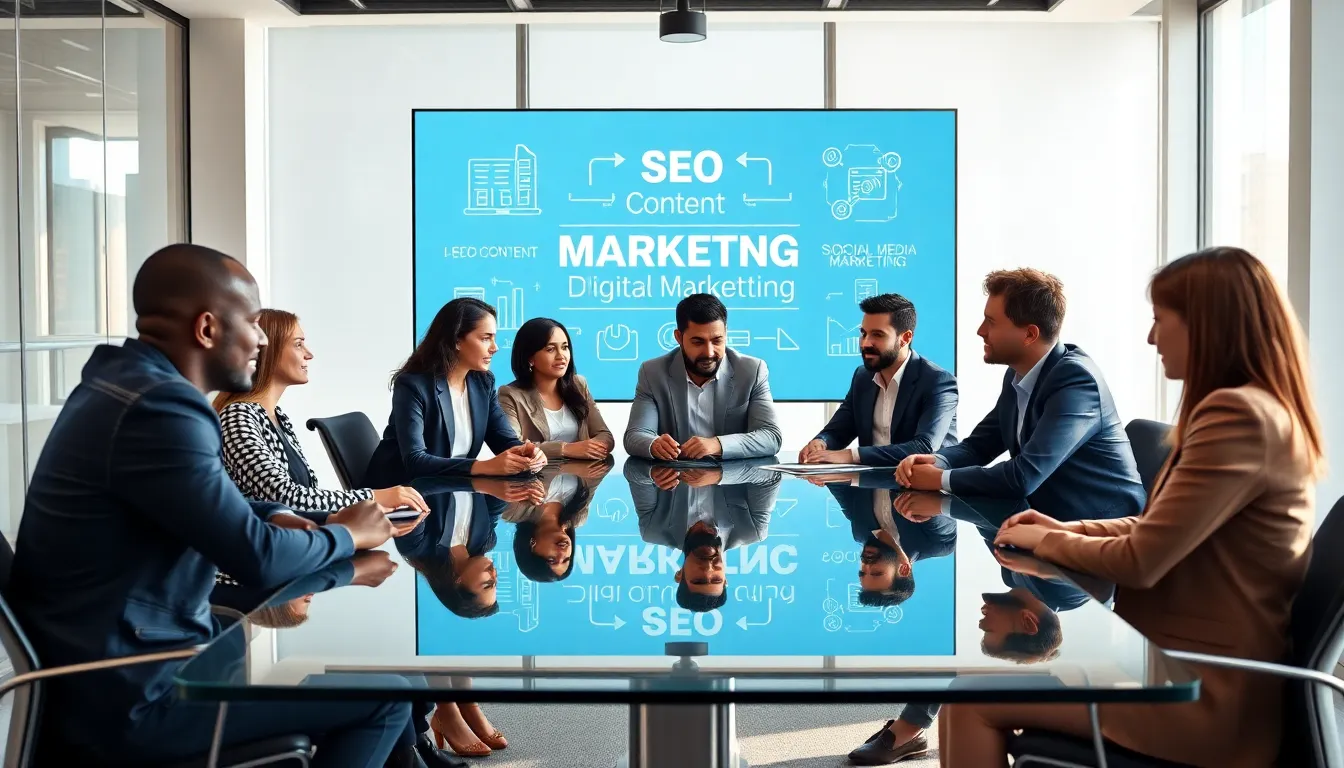 professionals discussing digital marketing strategies in a modern office.