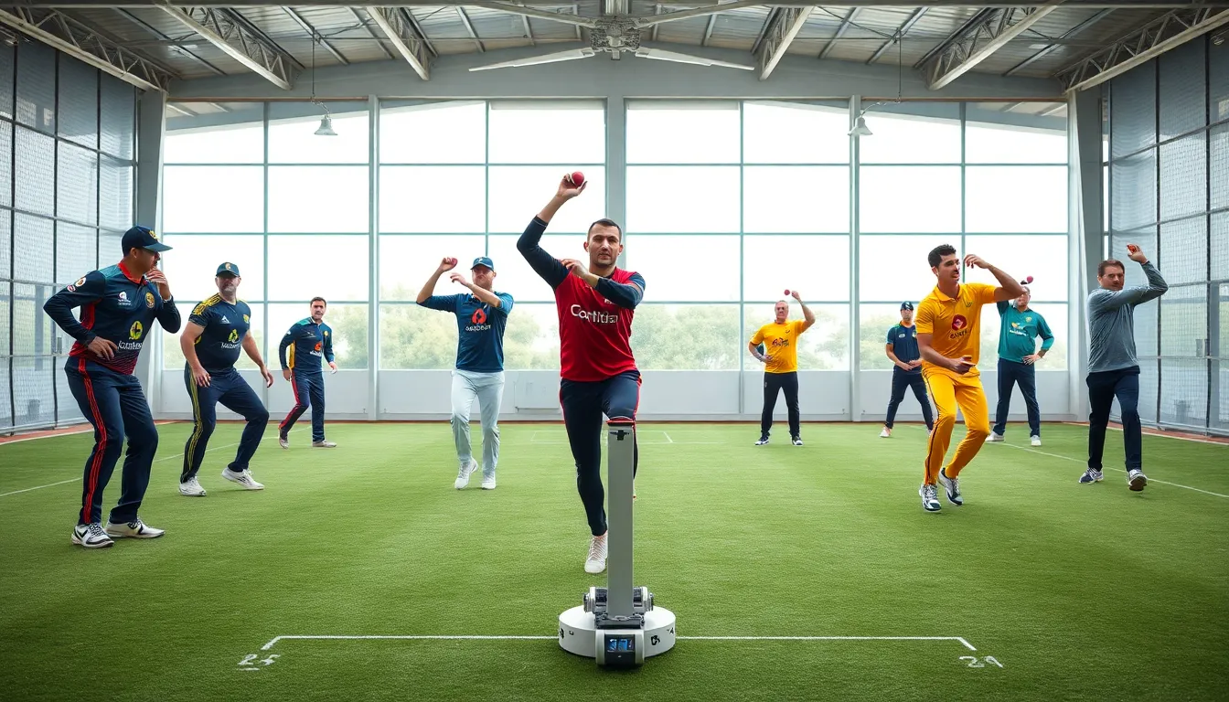 diverse fast bowlers training in a modern cricket facility.