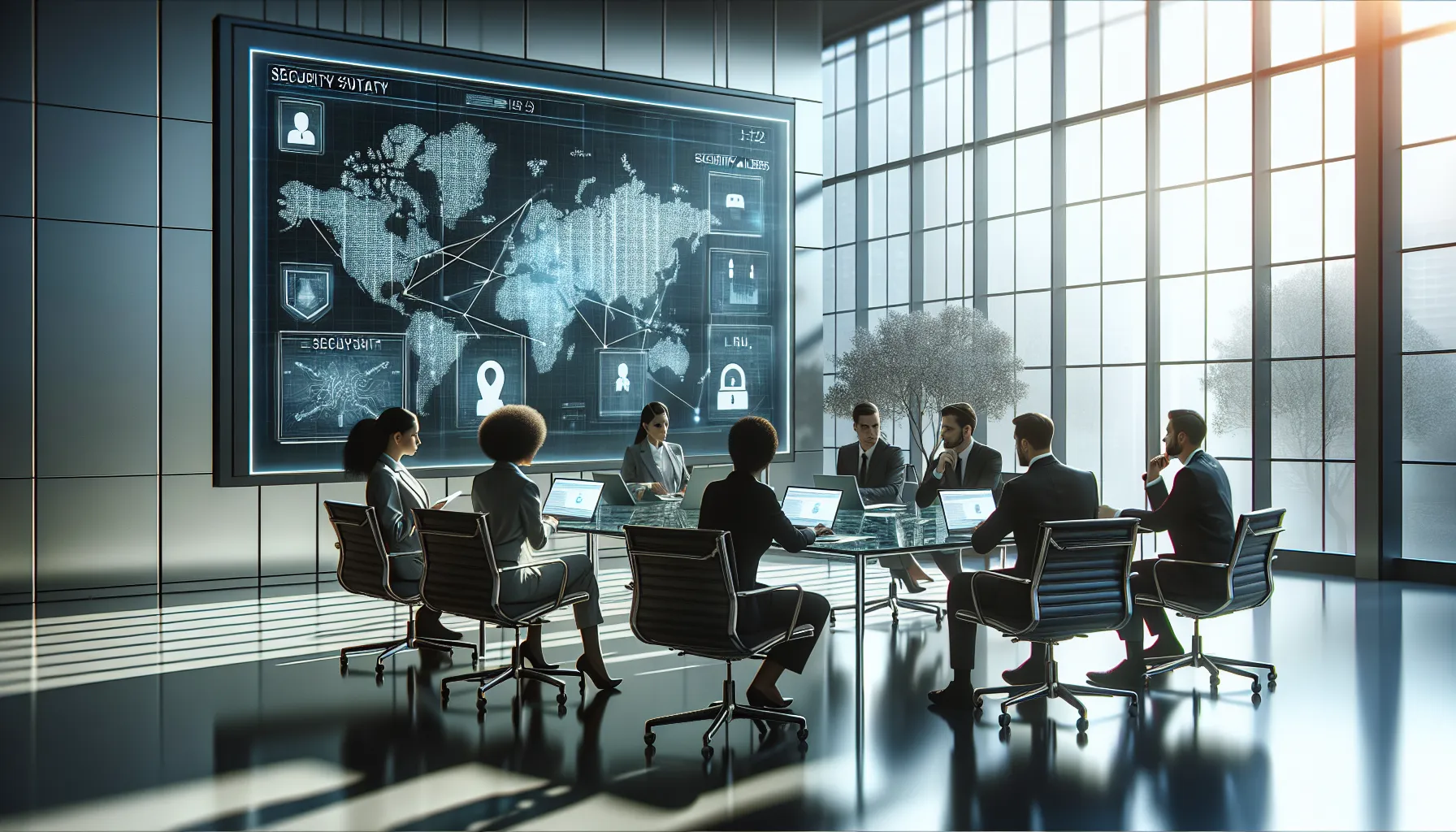 diverse team discussing cybersecurity strategies in a modern office.