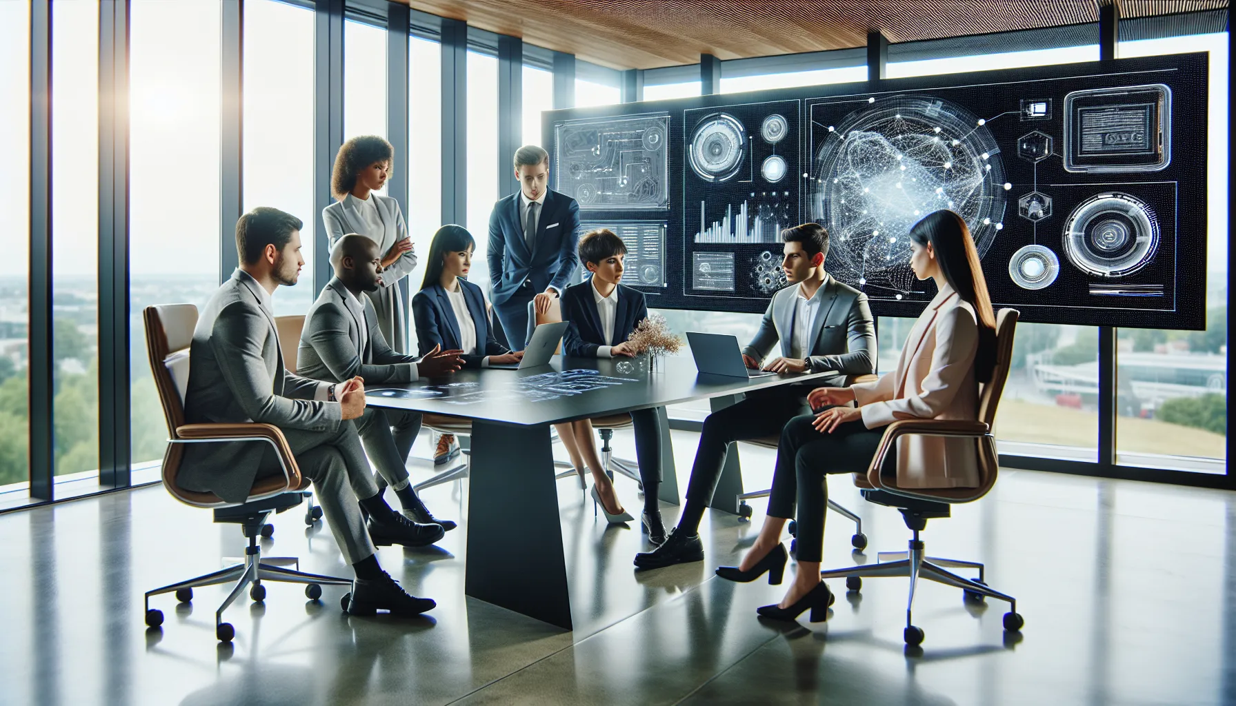 diverse professionals discussing technology in a modern office.