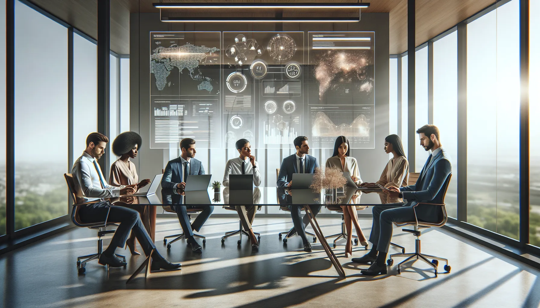 diverse team collaborating in a modern office using software.