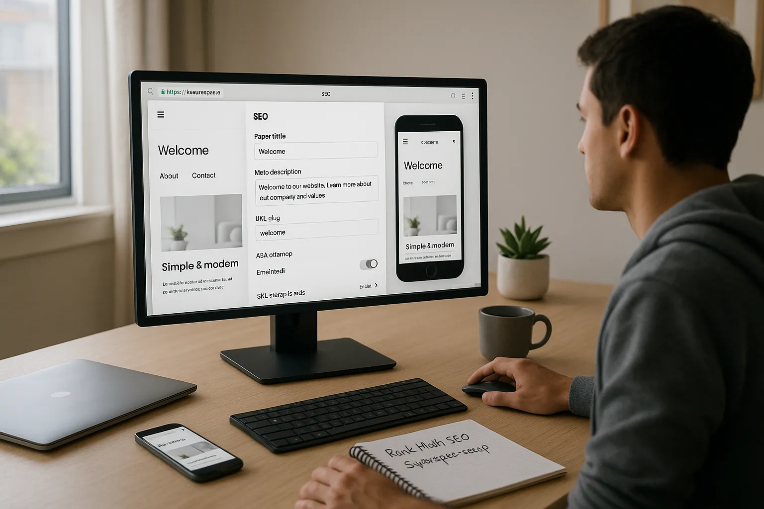 Person editing Squarespace SEO settings on a desktop with secure, mobile-friendly website open.