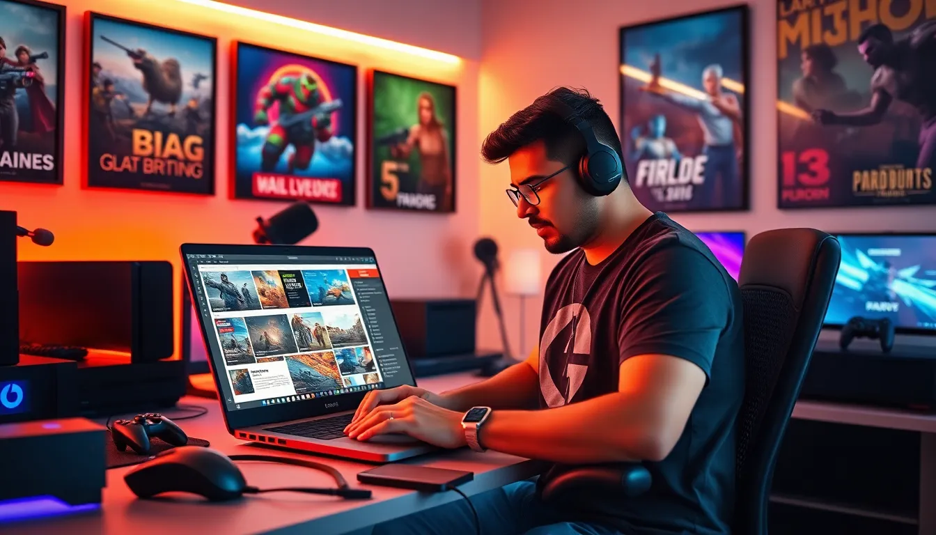A gamer at a desk surrounded by gaming gear and guides.