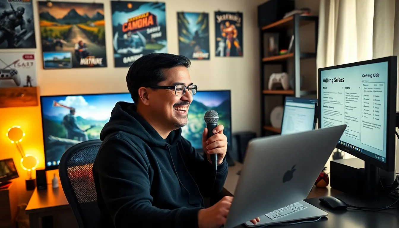 Larry creating gaming guides in a cozy, vibrant workspace.