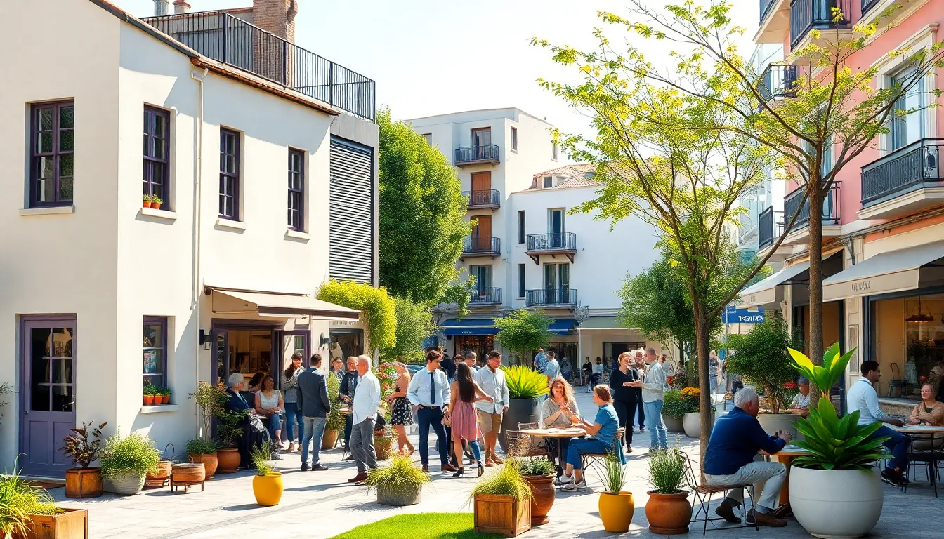 vibrant street scene showing diverse architecture and community life.