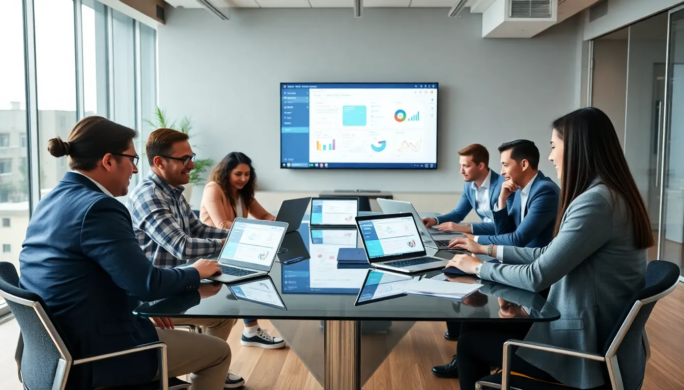 diverse team collaborating on SaaS project management in a modern office.