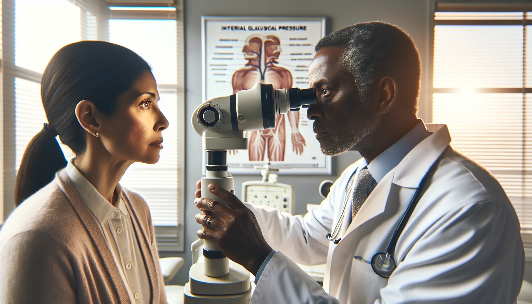 an ophthalmologist examining a patient for glaucoma in a clinic.