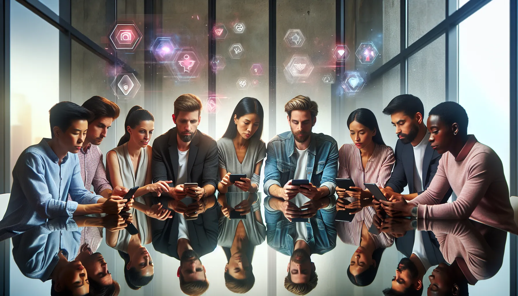 diverse young adults enjoying mobile gaming in a modern office.