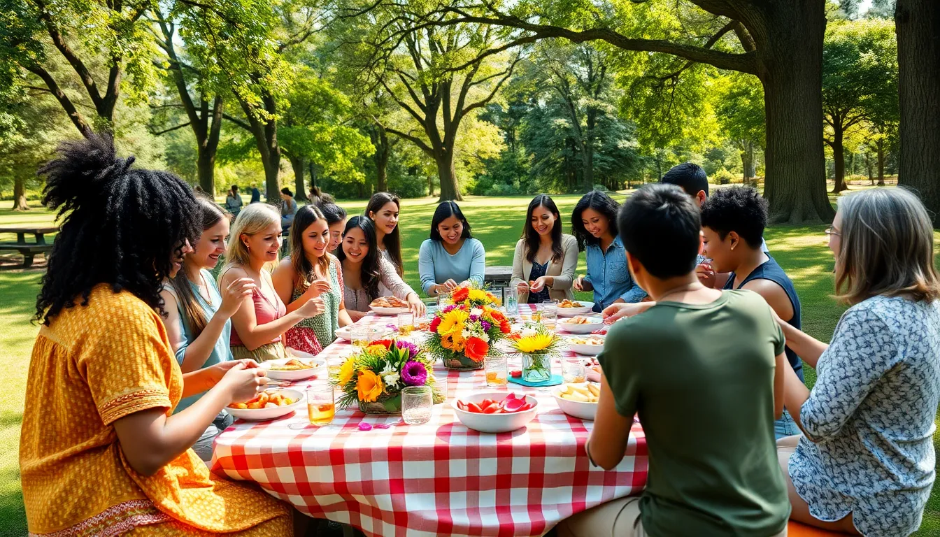 diverse group enjoying a potluck picnic in a park.