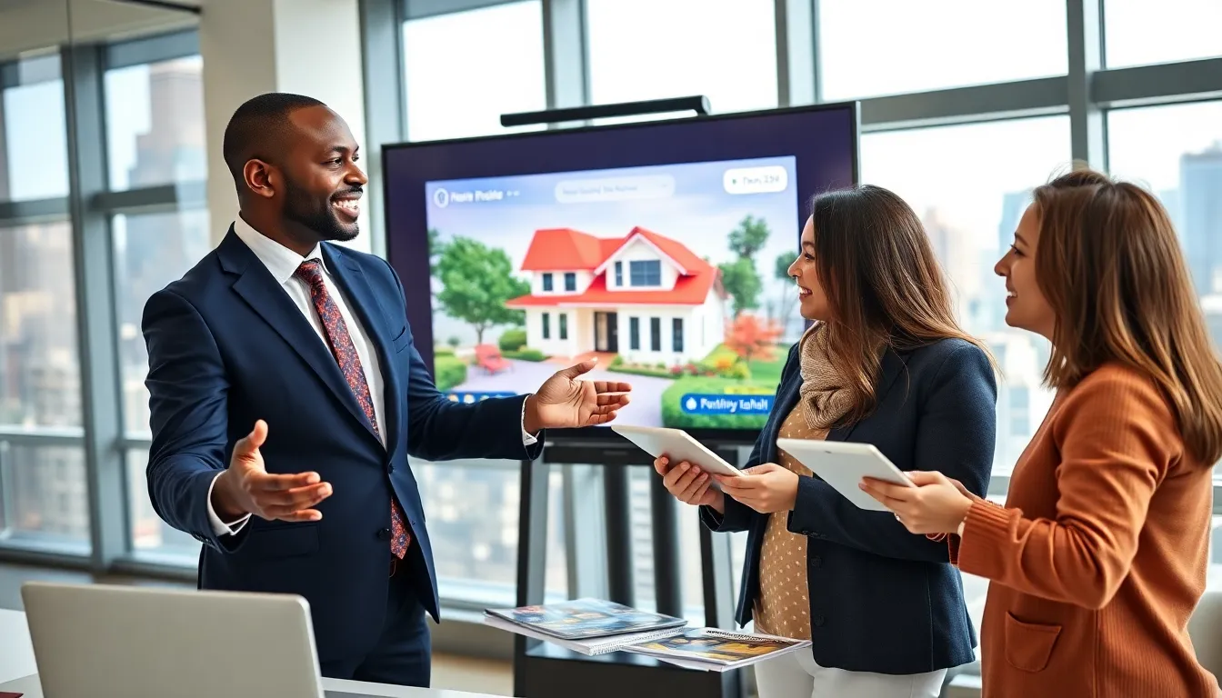 A real estate agent discussing home buying with a couple in a modern office.