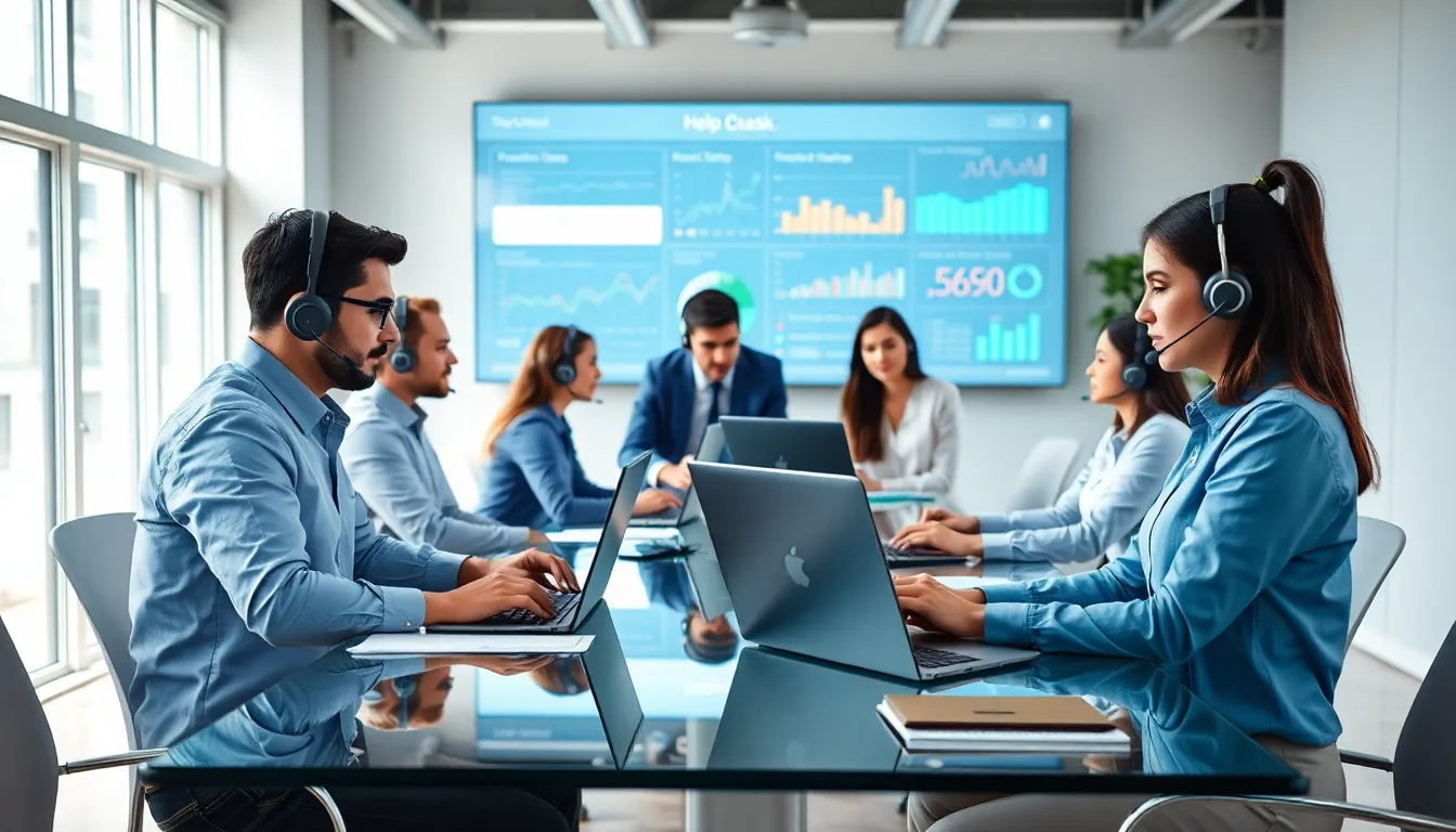 diverse team of help desk technicians assisting clients in an office setting.