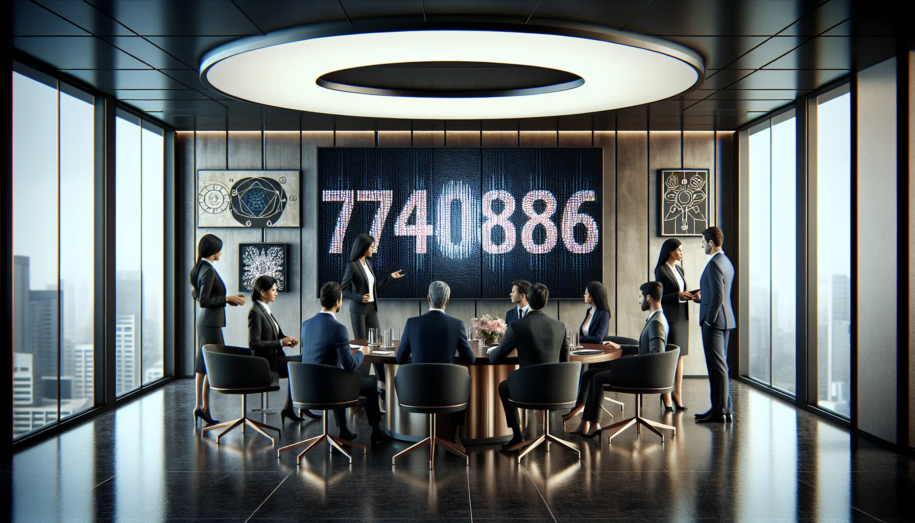 diverse professionals discussing the significance of a number in a modern office.