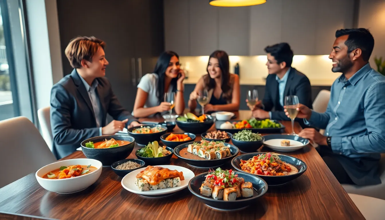 diverse group enjoying a meal of global cuisines.