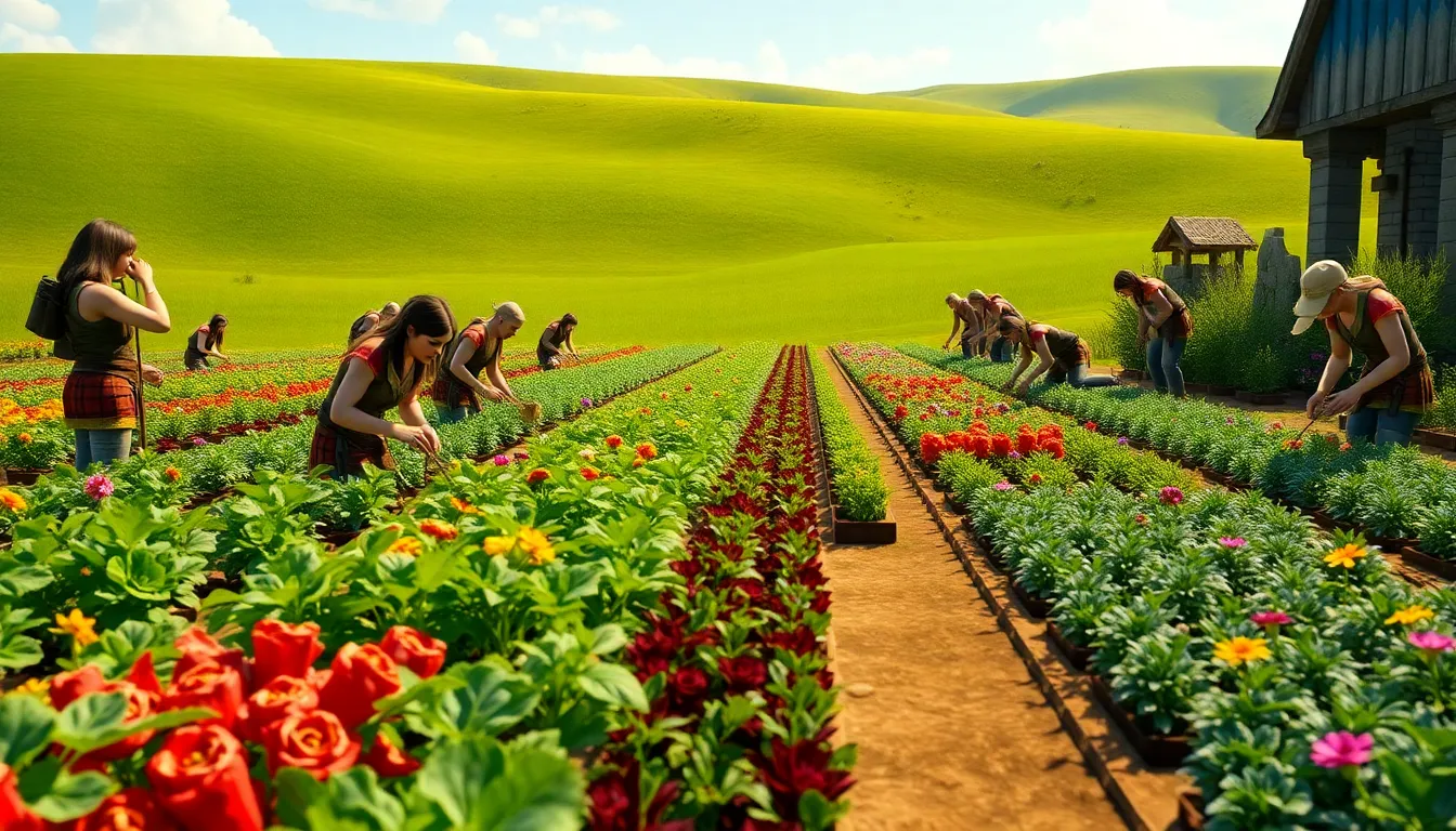 diverse players farming in a vibrant garden scene.
