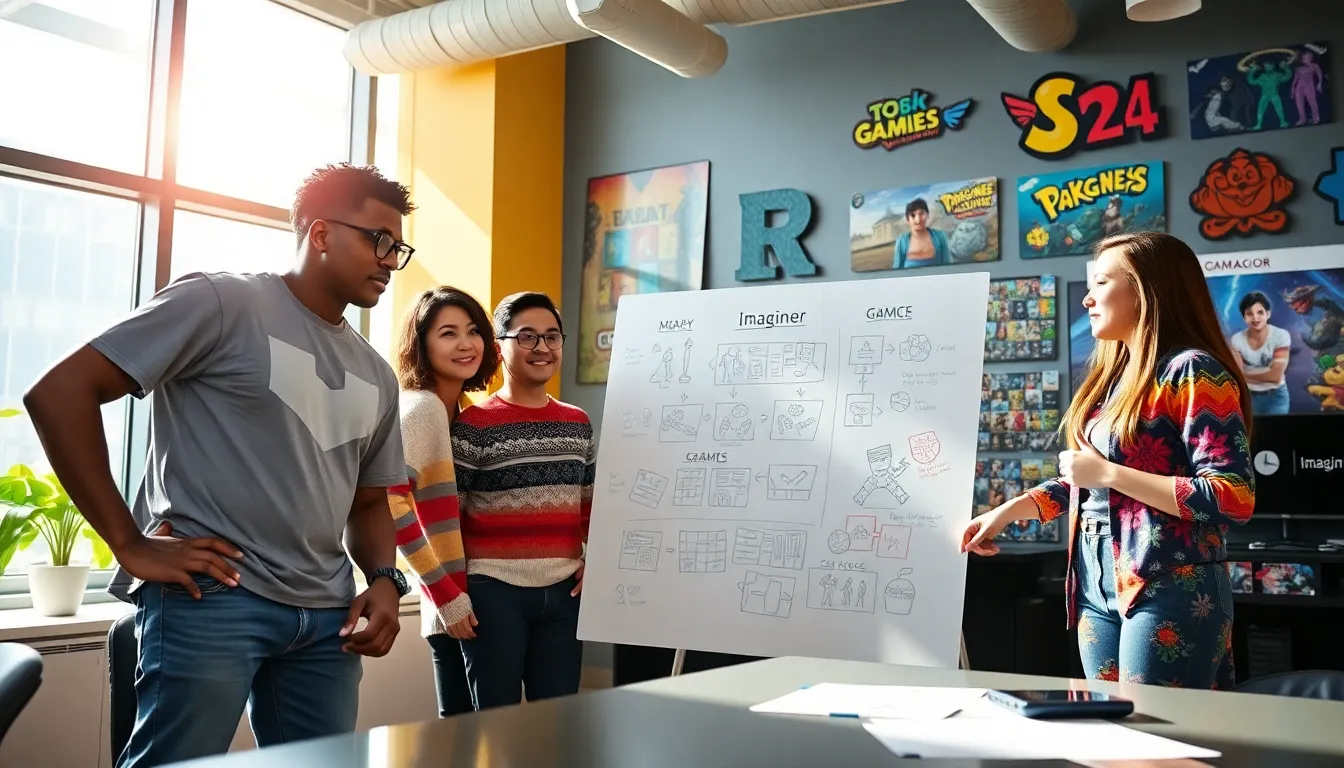 diverse team collaborating in an imaginative game design office.