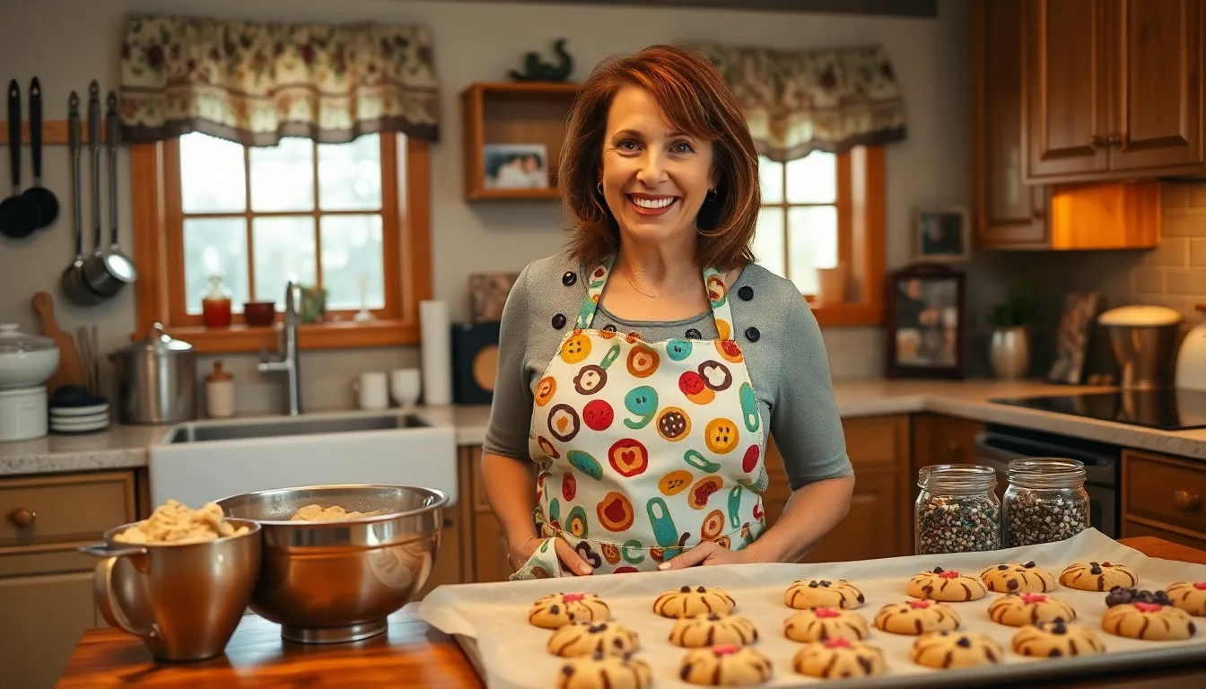 a woman baking cookies in a warm, nostalgic kitchen setting.