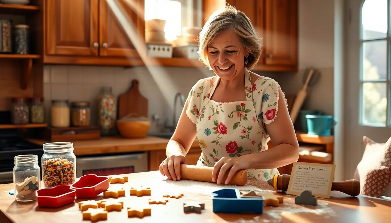a woman baking cookies in a sunlit kitchen with nostalgic decorations.